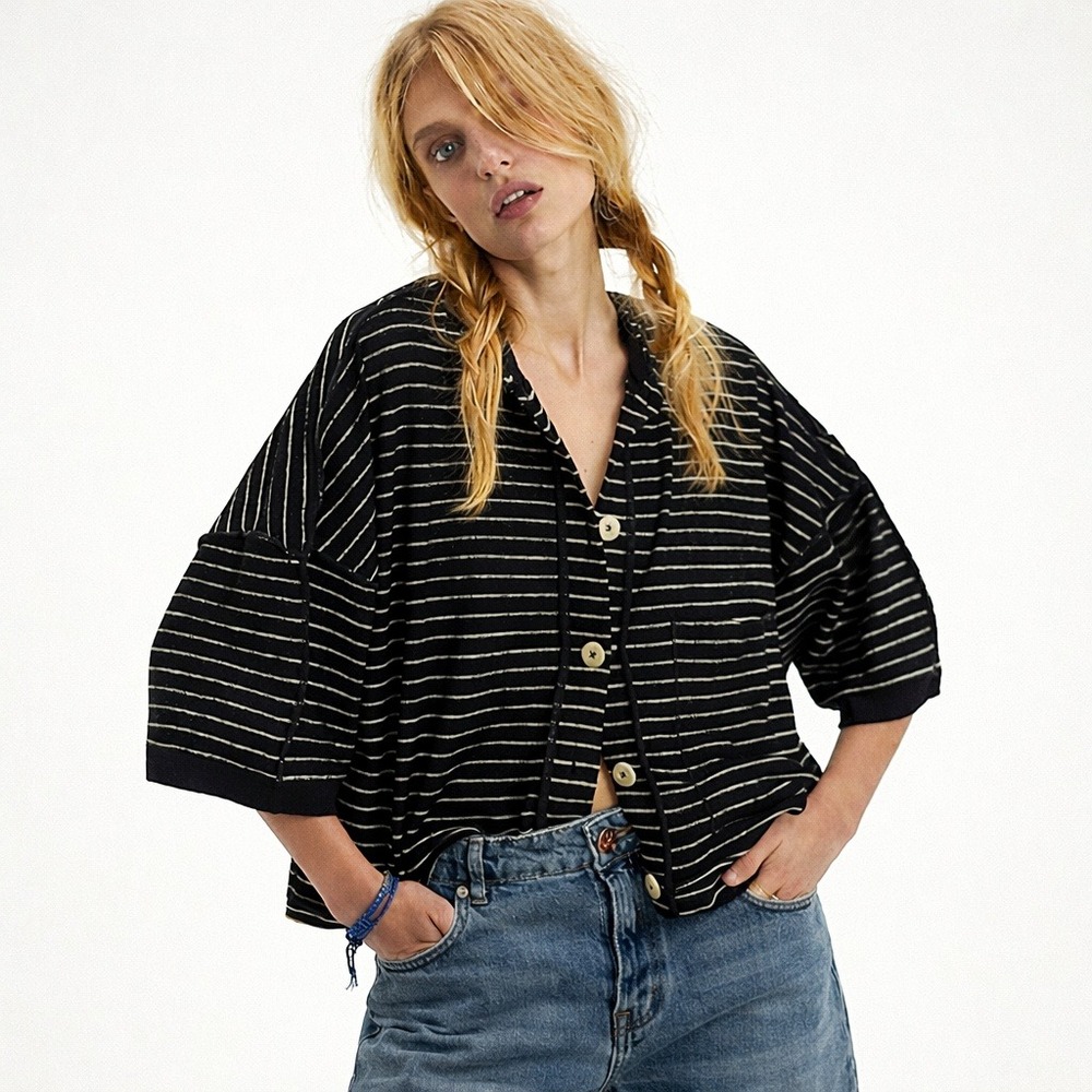 Free People Matilda Black White Striped Short Sleeve Boxy Small Cardigan Boho